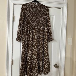 brown floral smocked midi dress